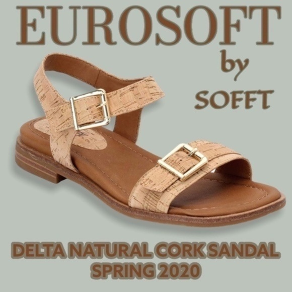 EUROSOFT/SOFFT Natural Cork Leather Delta Buckle-Strap 1” Heel Sandals NEW/10M - Picture 1 of 7